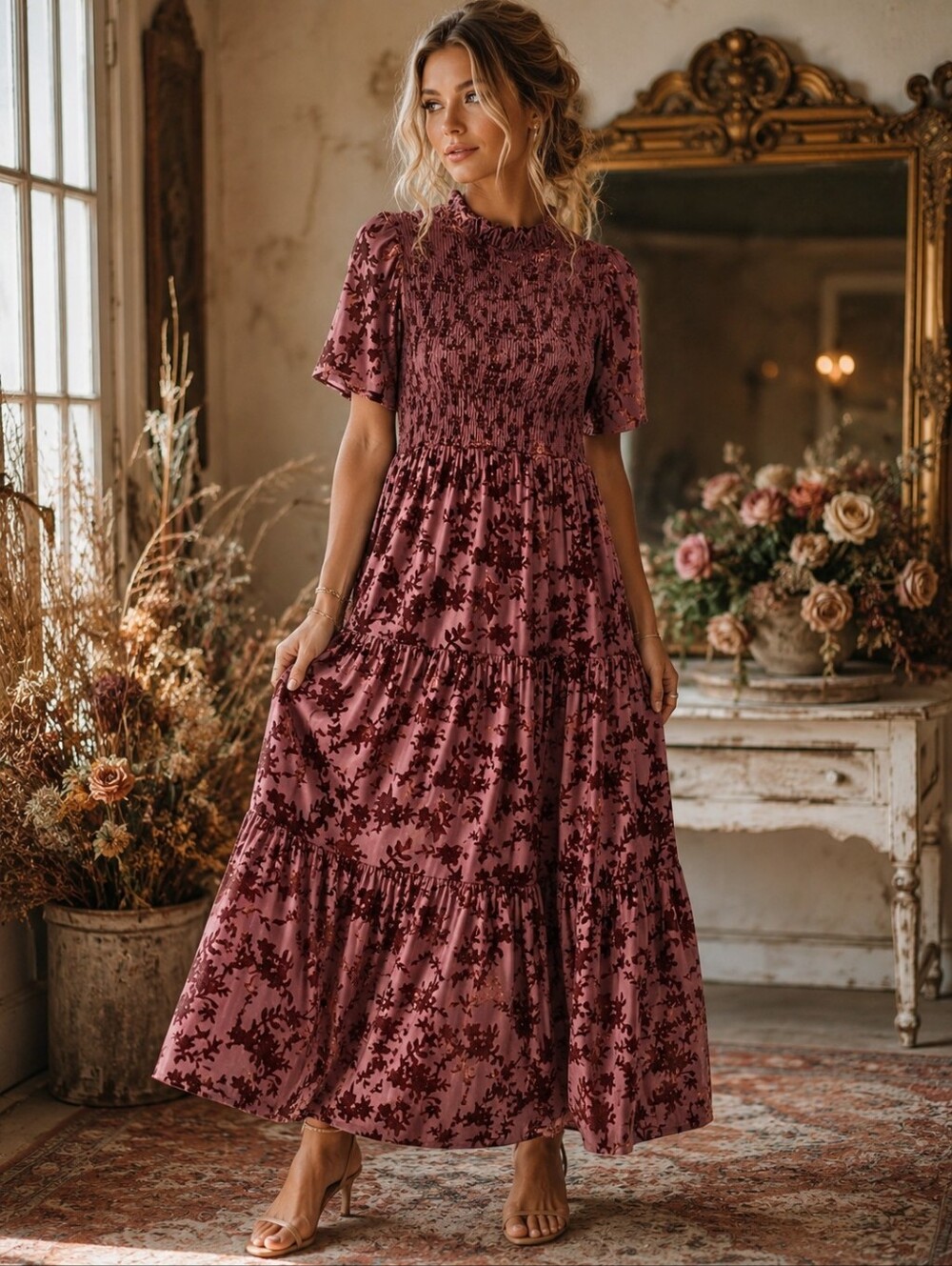 POLAGRAM Dress Womens XL Mauve Velvet Burnout Floral Smocked Tiered Maxi Cottage